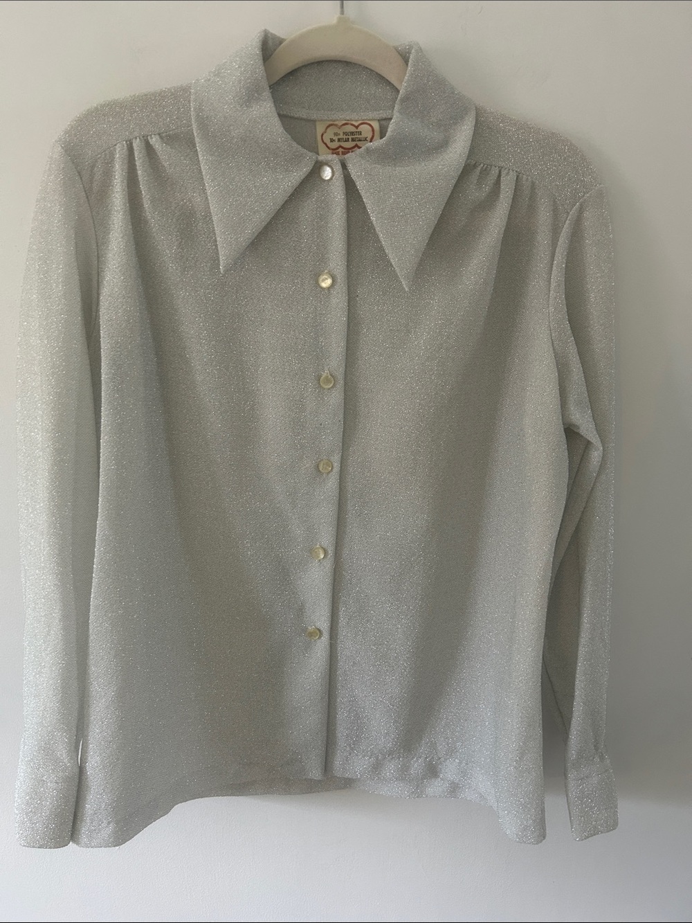 Vintage Metallic Silver Blouse Shimmery 70's Disco Wide Collar Button Up